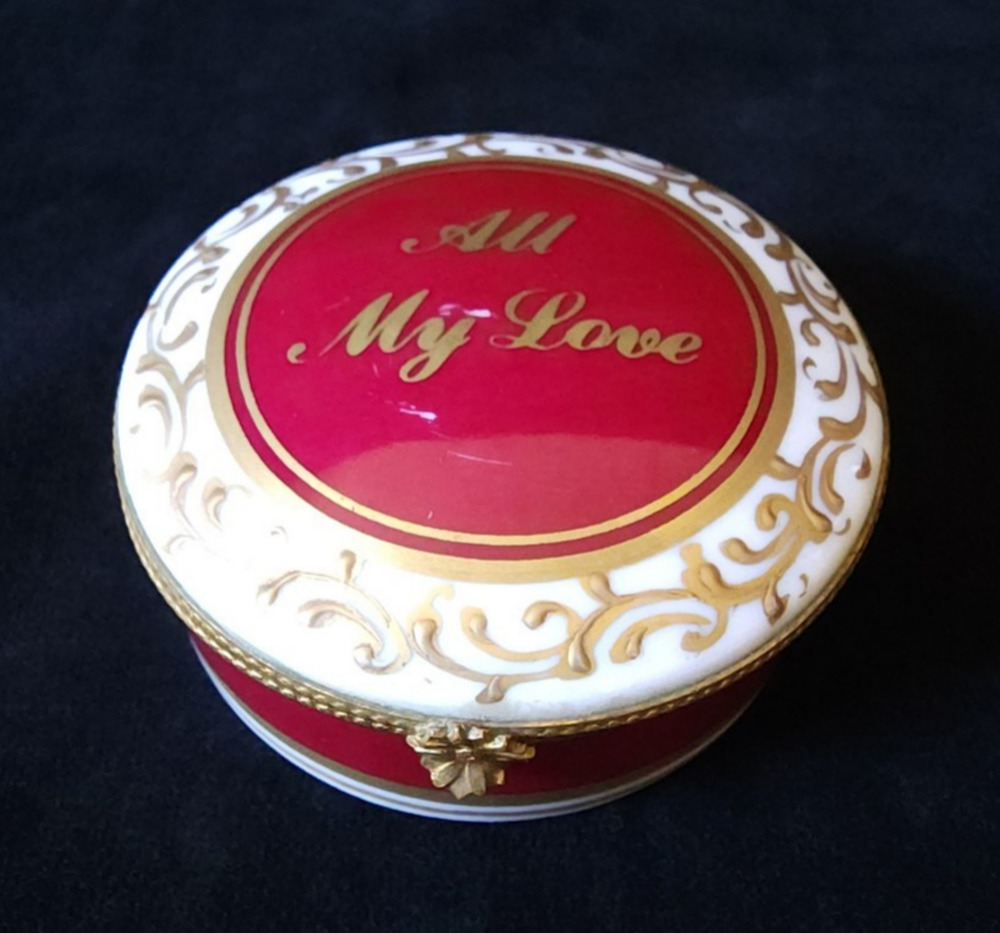 Vintage Limoges France Porcelain All My Love Dubarry Round Red Trinket Box Rare